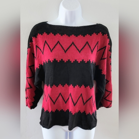Like New 100% Linen Lauren Ralph Lauren Chevron Sweater Short Sleeve Red Black M - Picture 1 of 5